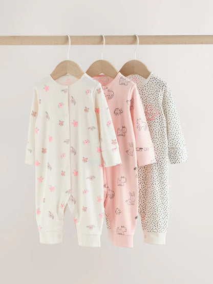 Pink Two Way Zip Baby Sleepsuit 3 Pack (0mths-3yrs)