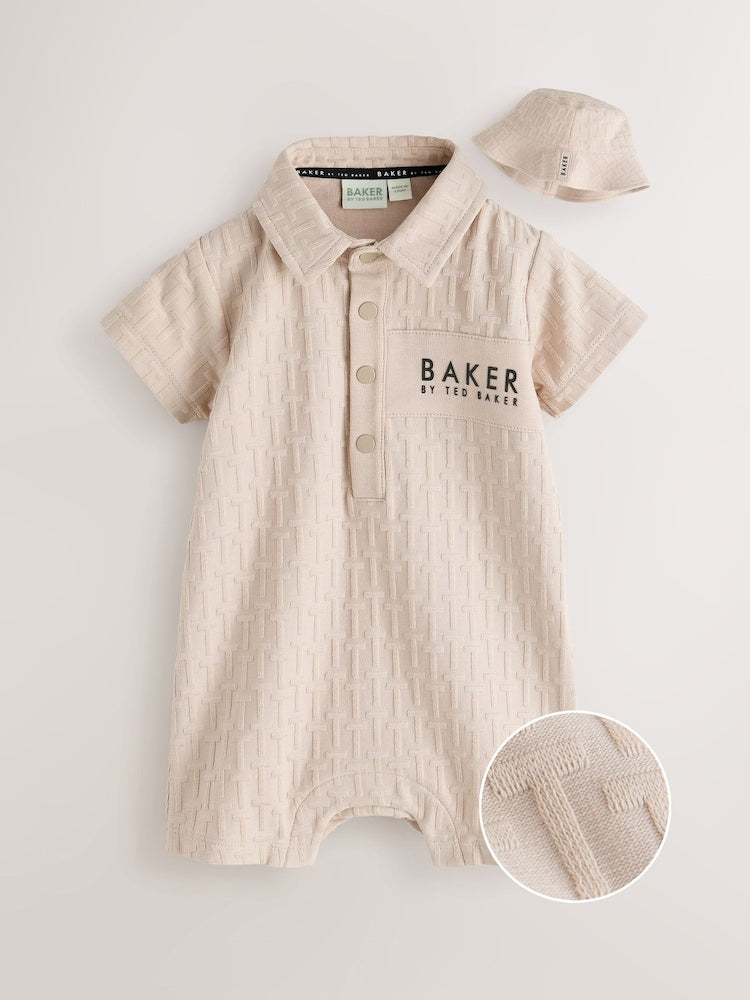 Baker by Ted Baker Textured Romper and Hat Set - Size Newborn - Stone