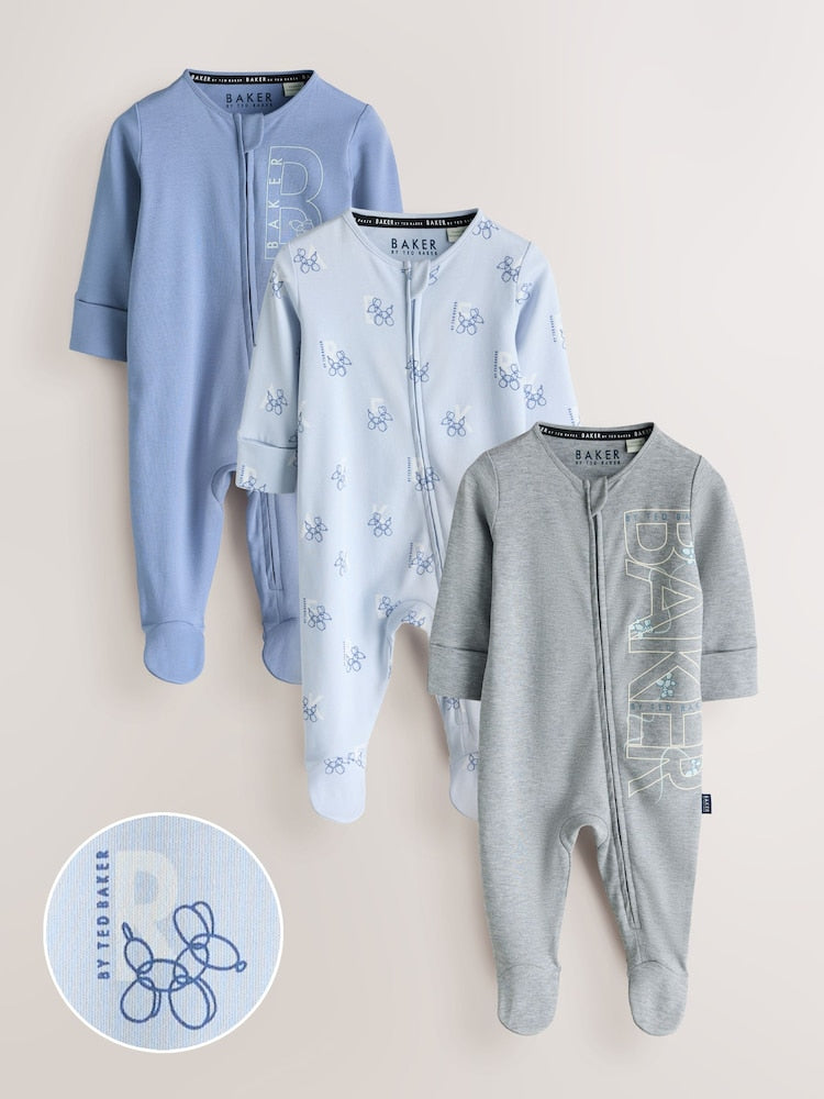 Baker by Ted Baker Blue/Grey Baker by Ted Baker 3 Pack Sleepsuits