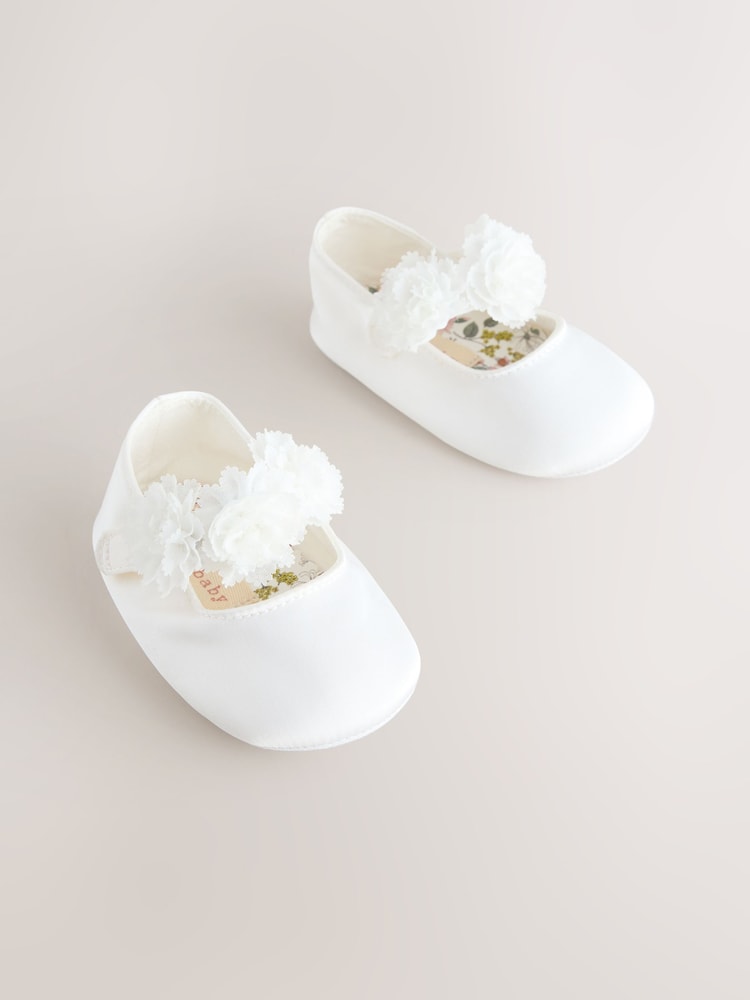 White Satin Baby Corsage Shoes (0-24mths) - Size Up To 3 Months (50 - 62cm)