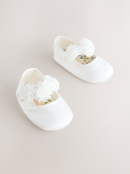 White Satin Baby Corsage Shoes (0-24mths) - Size Up To 3 Months (50 - 62cm)