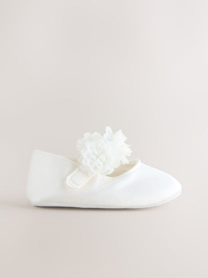 White Satin Baby Corsage Shoes (0-24mths) - Size Up To 3 Months (50 - 62cm)