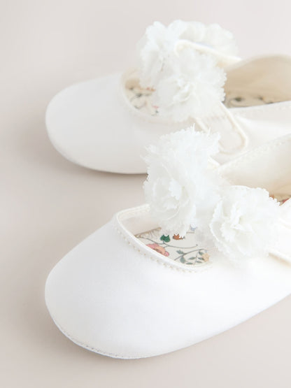 White Satin Baby Corsage Shoes (0-24mths) - Size Up To 3 Months (50 - 62cm)