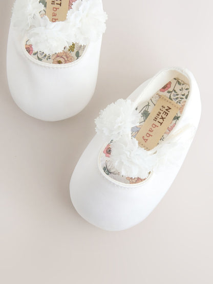 White Satin Baby Corsage Shoes (0-24mths) - Size Up To 3 Months (50 - 62cm)