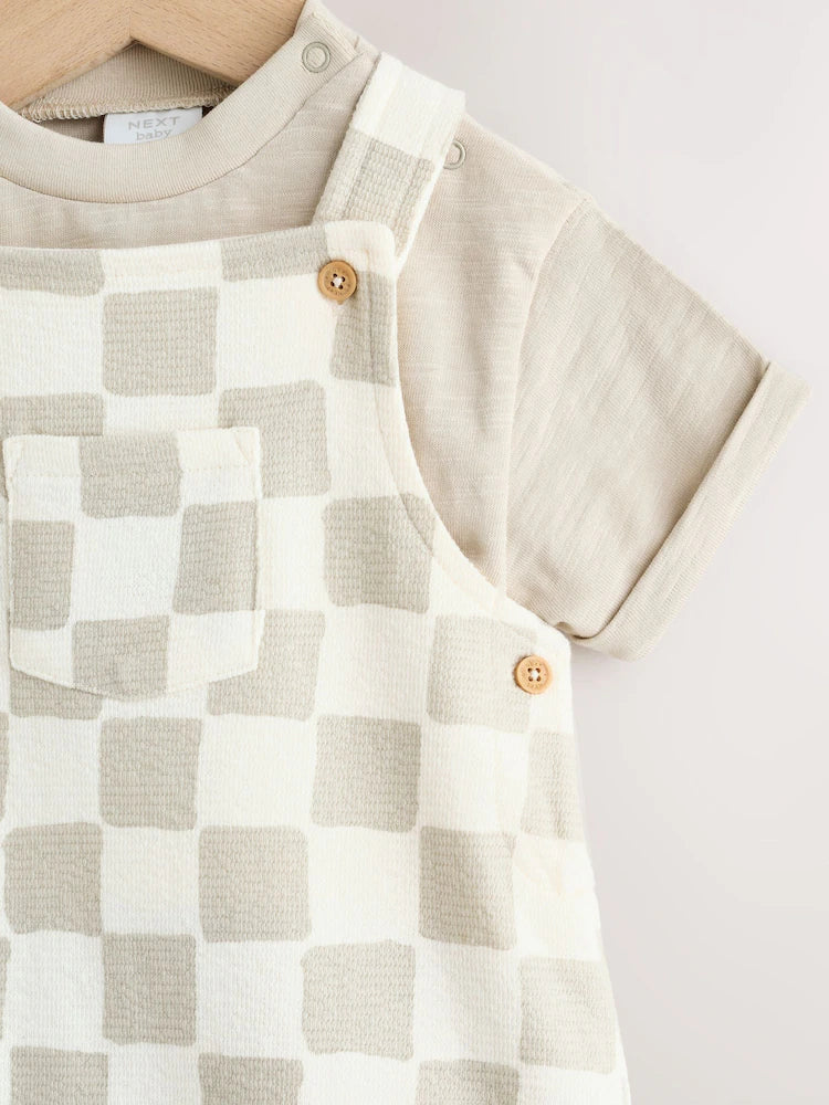 Grey/Neutral Checkerboard Jersey Dungarees and Bodysuit Baby Set (0mths-2yrs)
