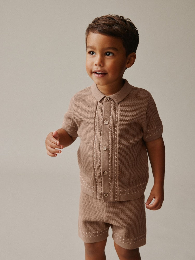 Tan Brown Textured Knitted Button Through Polo Shirt and Shorts Set (3mths-10yrs) - Tan Brown / 12-18 Months (80-86cm)