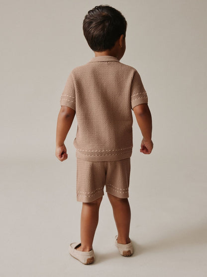 Tan Brown Textured Knitted Button Through Polo Shirt and Shorts Set (3mths-10yrs)