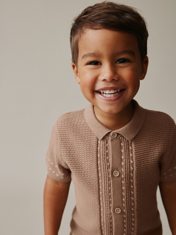 Tan Brown Textured Knitted Button Through Polo Shirt and Shorts Set (3mths-10yrs)