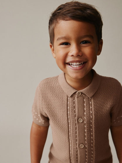 Tan Brown Textured Knitted Button Through Polo Shirt and Shorts Set (3mths-10yrs)