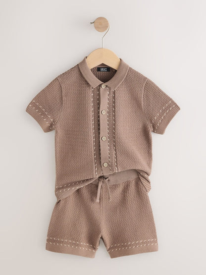Tan Brown Textured Knitted Button Through Polo Shirt and Shorts Set (3mths-10yrs)