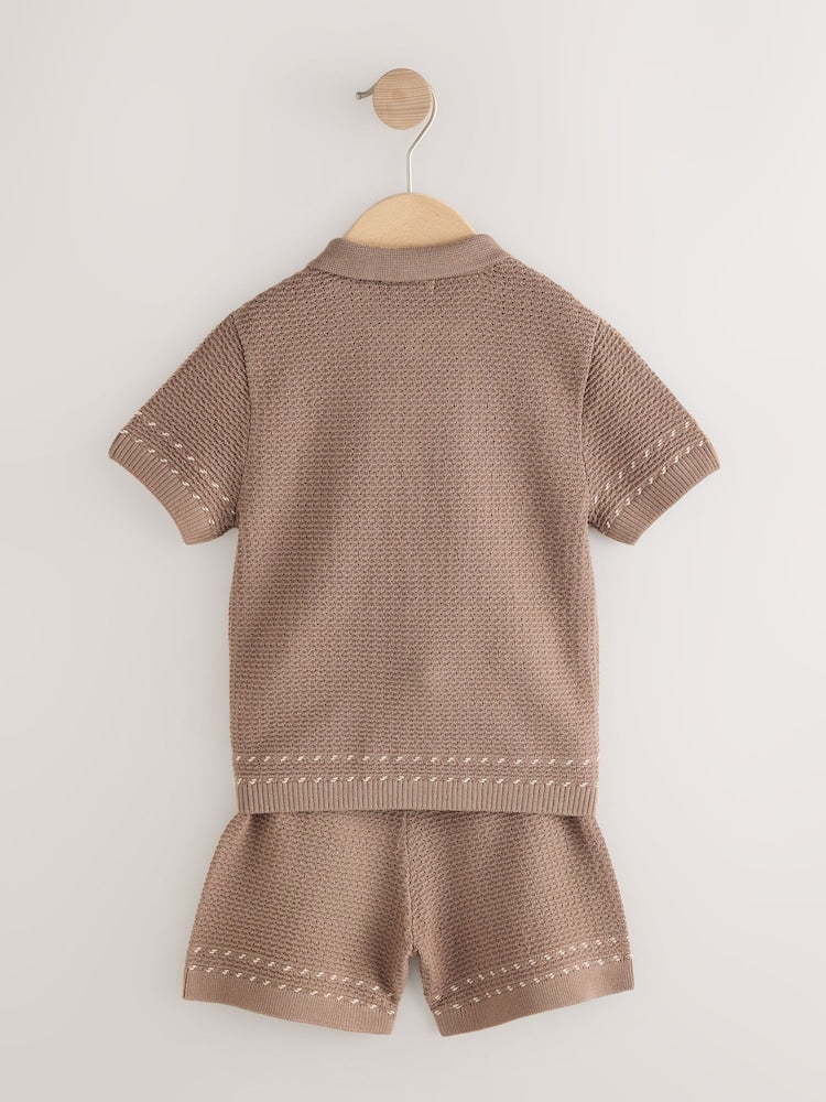 Tan Brown Textured Knitted Button Through Polo Shirt and Shorts Set (3mths-10yrs)