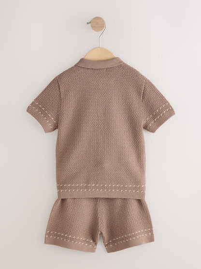 Tan Brown Textured Knitted Button Through Polo Shirt and Shorts Set (3mths-10yrs)