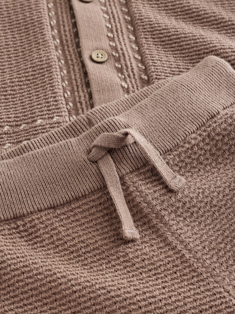 Tan Brown Textured Knitted Button Through Polo Shirt and Shorts Set (3mths-10yrs)
