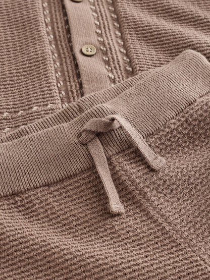 Tan Brown Textured Knitted Button Through Polo Shirt and Shorts Set (3mths-10yrs)