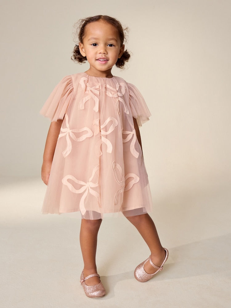 Pink Bows Angel Sleeve Mesh Dress (3mths-7yrs)