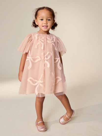 Pink Bows Angel Sleeve Mesh Dress (3mths-7yrs)