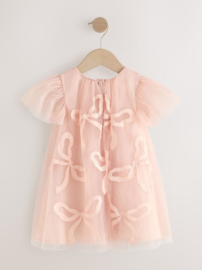 Pink Bows Angel Sleeve Mesh Dress (3mths-7yrs)
