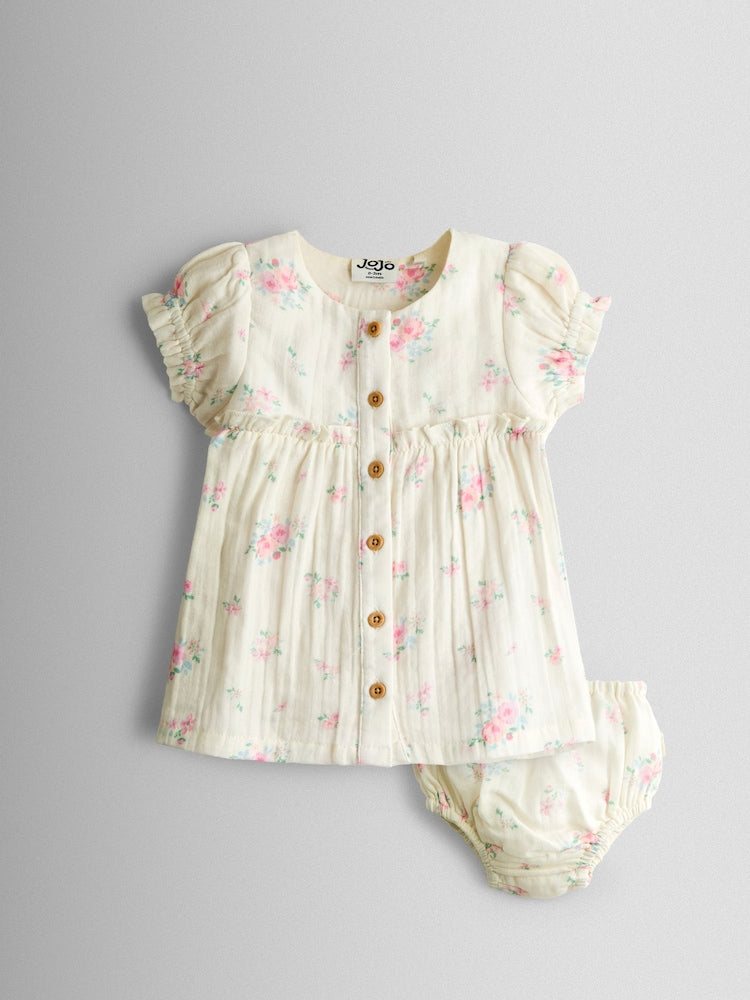 JoJo Maman Bébé Cream Floral Dress and Knicker Set