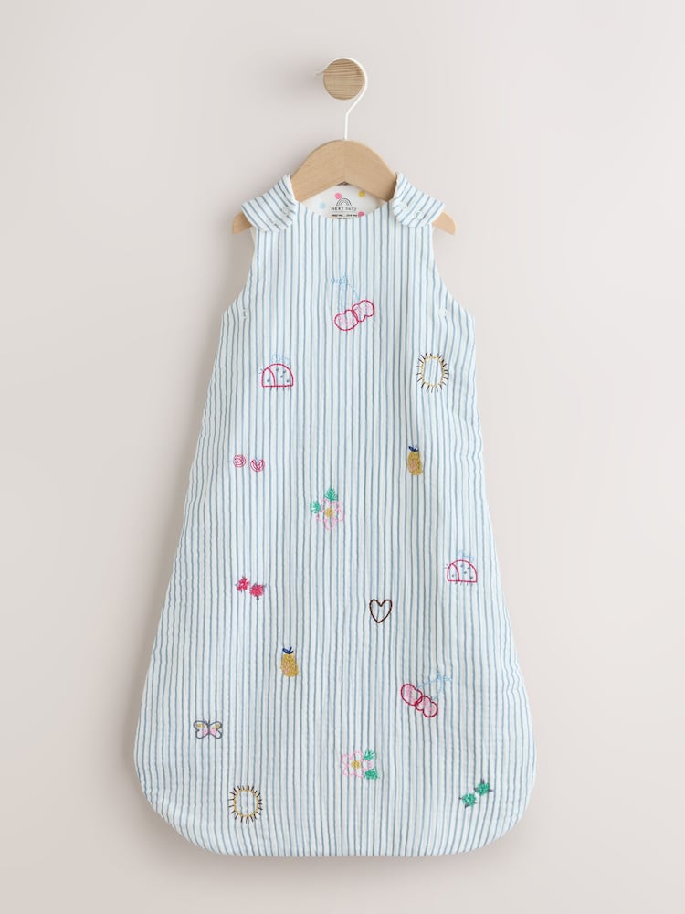 White/Blue Embroidered Muslin 1 Tog Sleeveless Baby Sleep Bag