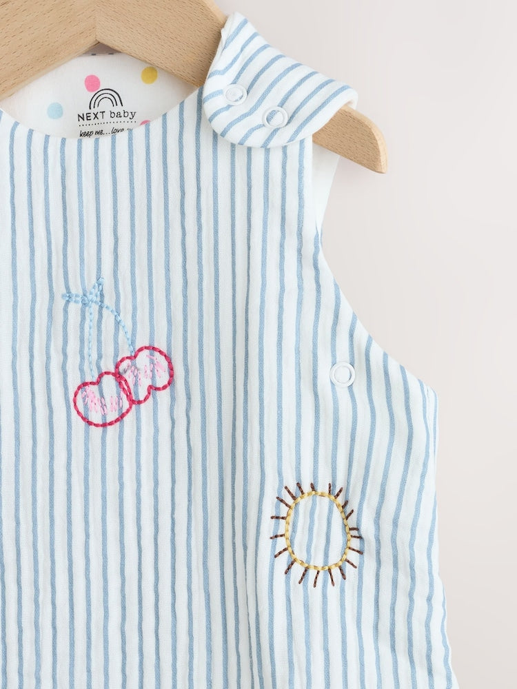 White/Blue Embroidered Muslin 1 Tog Sleeveless Baby Sleep Bag