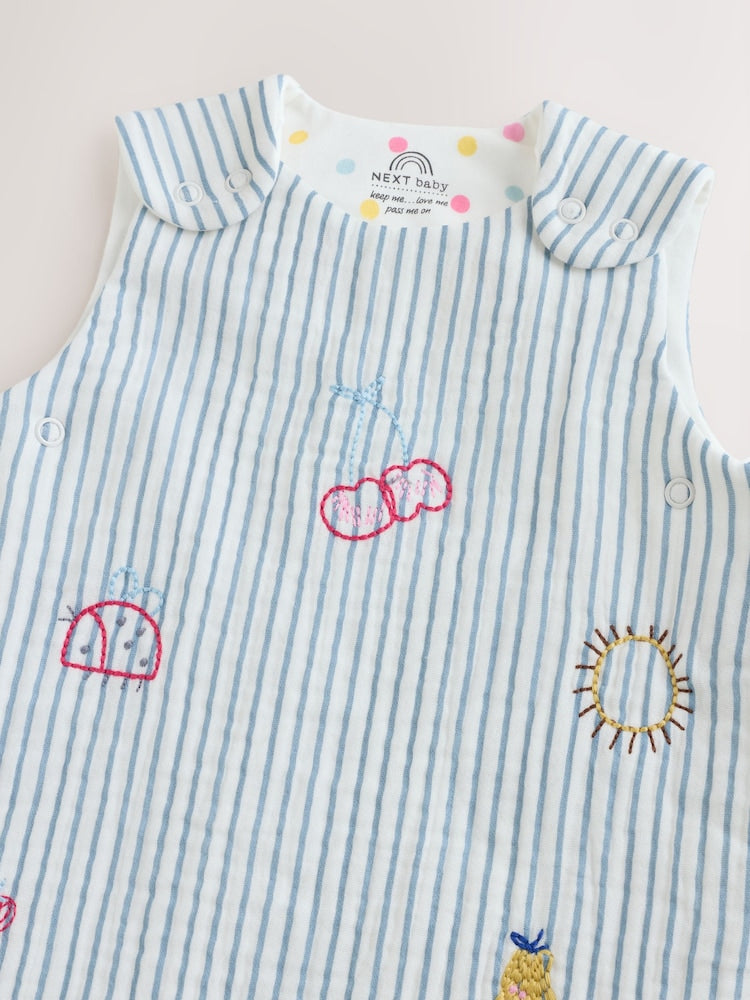 White/Blue Embroidered Muslin 1 Tog Sleeveless Baby Sleep Bag