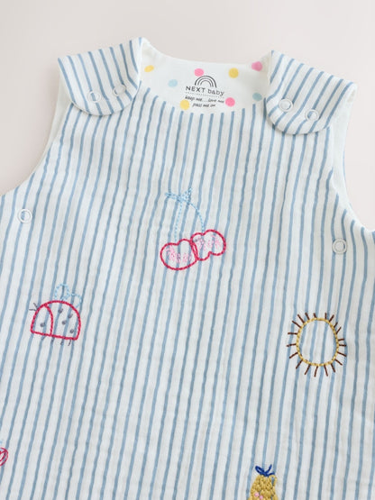 White/Blue Embroidered Muslin 1 Tog Sleeveless Baby Sleep Bag