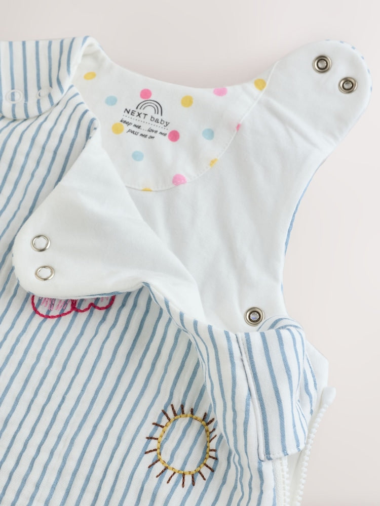 White/Blue Embroidered Muslin 1 Tog Sleeveless Baby Sleep Bag