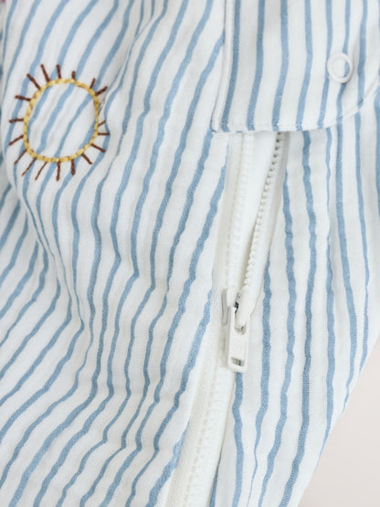 White/Blue Embroidered Muslin 1 Tog Sleeveless Baby Sleep Bag