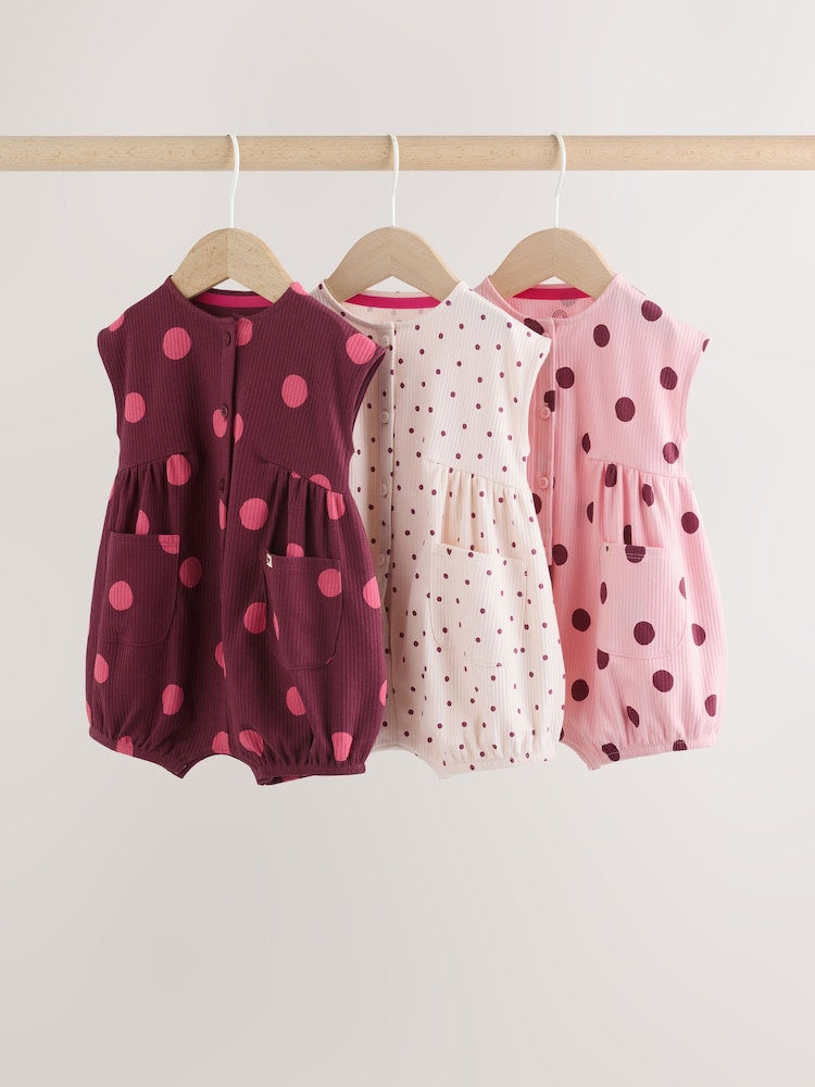 Pink Polka Dot Button Through Baby Rompers 3 Pack - Pink Polka Dot / 12-18 Months (80-86cm)