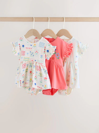 Red and White Embroidered Patterned Jersey Baby Rompers 3 Pack