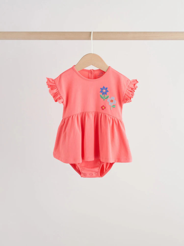 Red and White Embroidered Patterned Jersey Baby Rompers 3 Pack