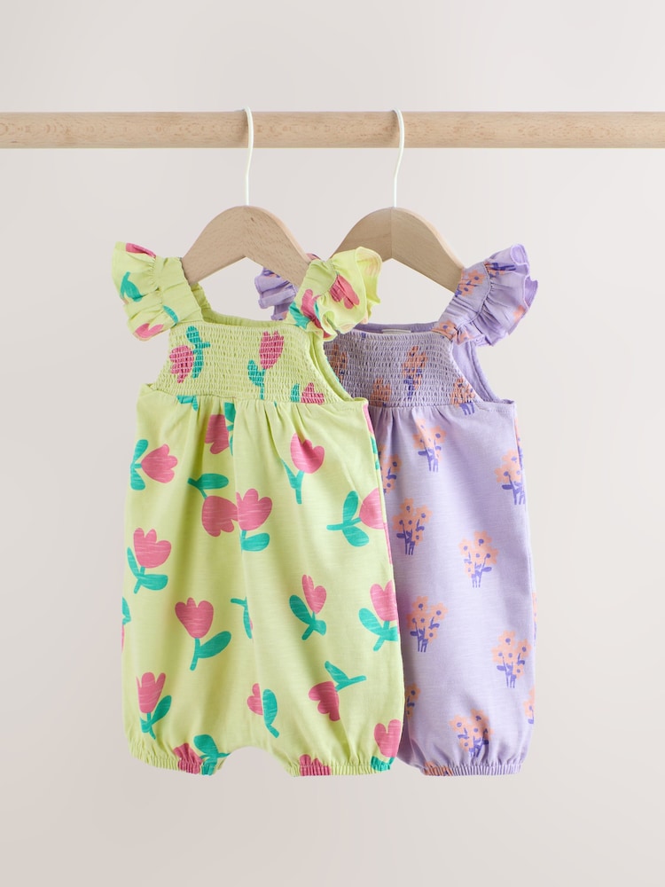Purple and Green Floral 2 Pack Smocked Smocked Baby Rompers 2 Pack - 12-18 Months (80-86cm)