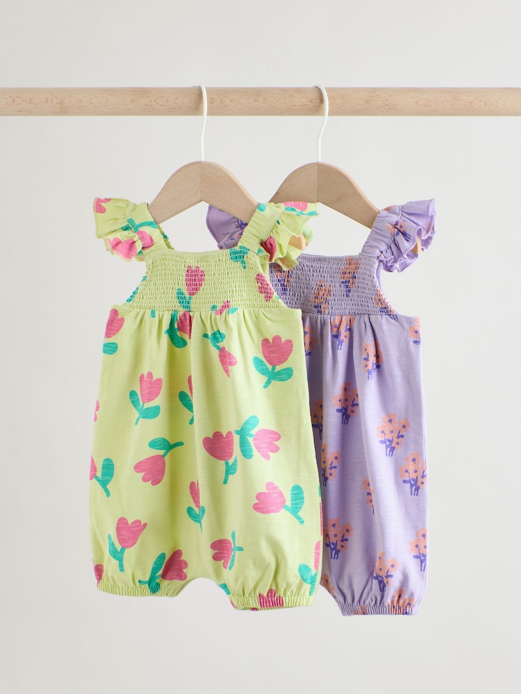 Purple and Green Floral 2 Pack Smocked Smocked Baby Rompers 2 Pack