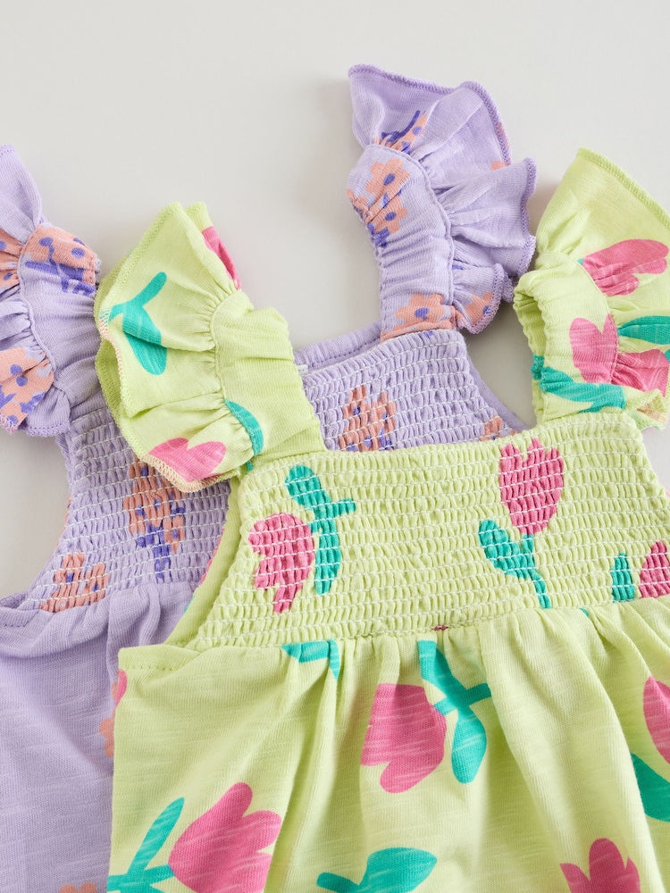 Purple and Green Floral 2 Pack Smocked Smocked Baby Rompers 2 Pack