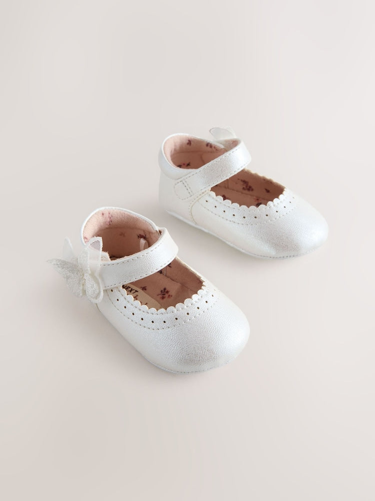 White Shimmer Butterfly Mary Jane Baby Shoes (0-18mths) - Size Up To 3 Months (50 - 62cm) - White Shimmer Butterfly