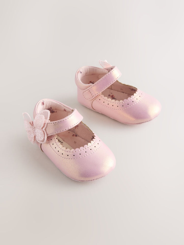 Pink Shimmer Butterfly Mary Jane Baby Shoes (0-18mths) - Size Up To 3 Months (50 - 62cm) - Pink Shimmer Butterfly