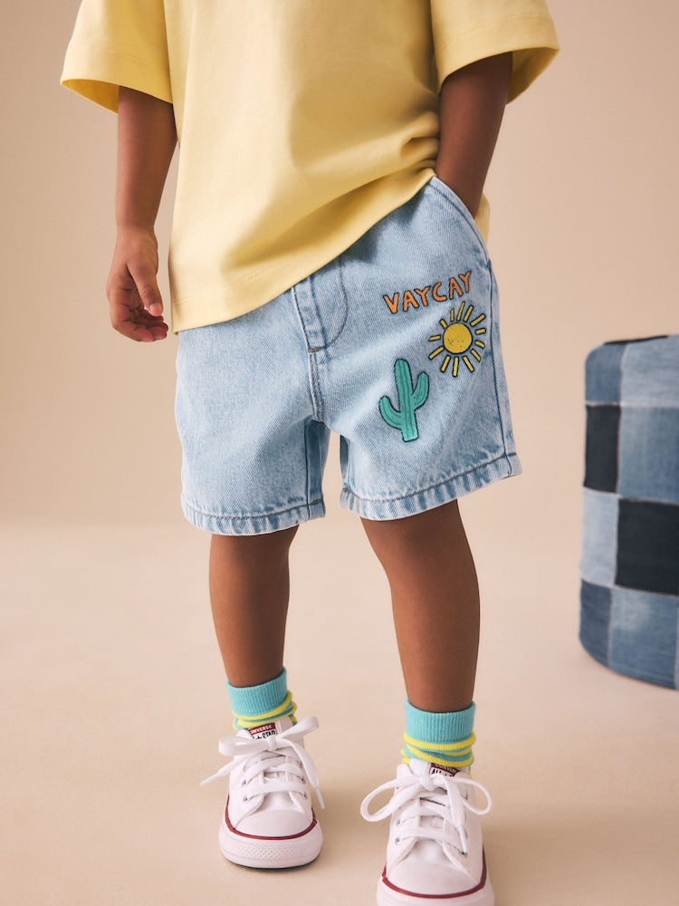 Light Blue Printed Pull On Loose Denim Shorts (3mths-7yrs) - 12-18 Months (80-86cm)