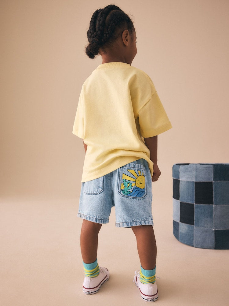 Light Blue Printed Pull On Loose Denim Shorts (3mths-7yrs)