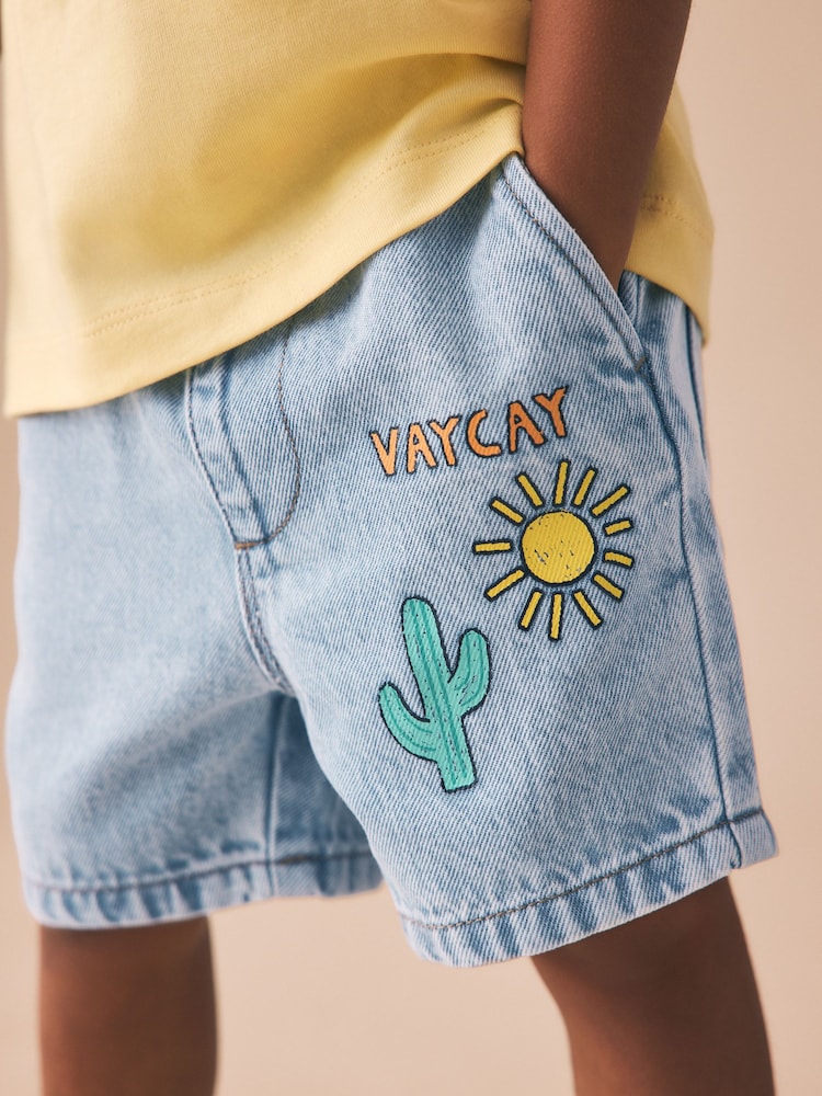 Light Blue Printed Pull On Loose Denim Shorts (3mths-7yrs)