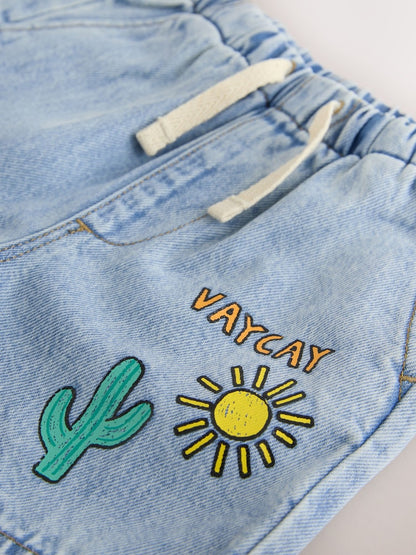 Light Blue Printed Pull On Loose Denim Shorts (3mths-7yrs)