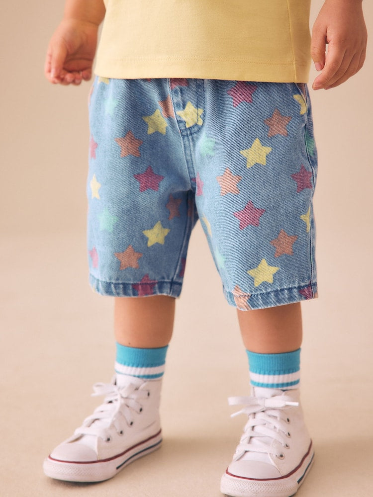 Mid Blue Denim Star Pull On Loose Denim Shorts (3mths-7yrs) - Mid Blue Denim Star Pull On Loose Denim / 12-18 Months (80-86cm)