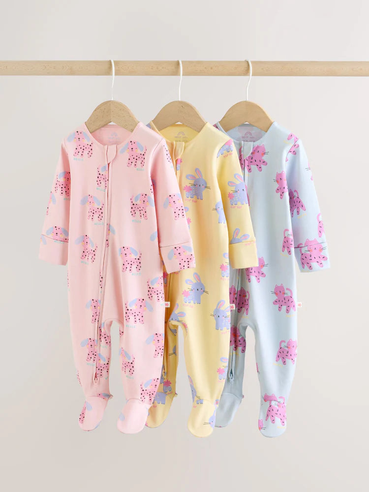 Pink/Yellow character Two Way Zip Baby Sleepsuits 3 Pack (0mths-2yrs)