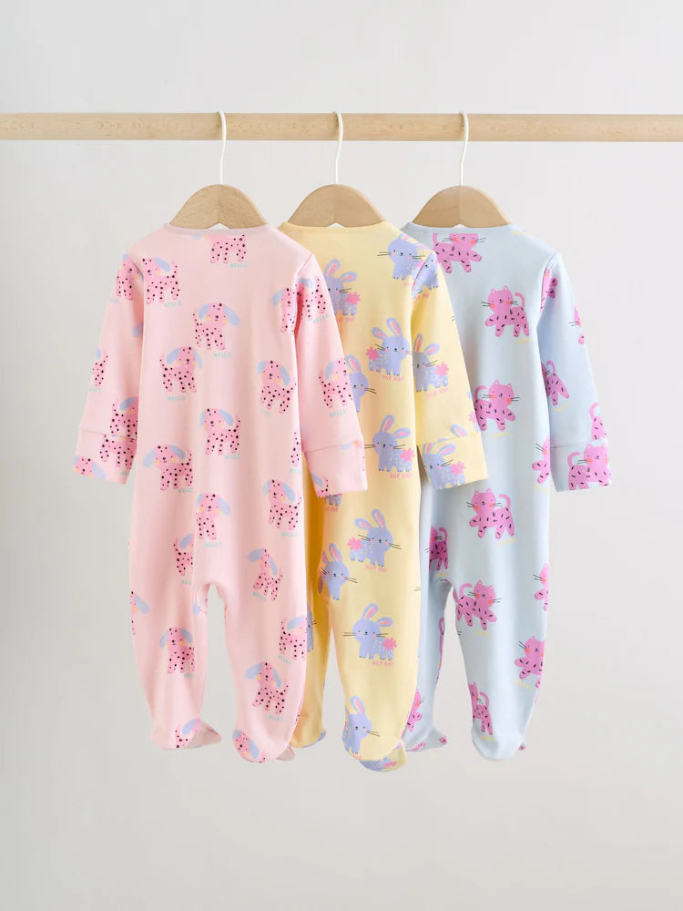Pink/Yellow character Two Way Zip Baby Sleepsuits 3 Pack (0mths-2yrs)