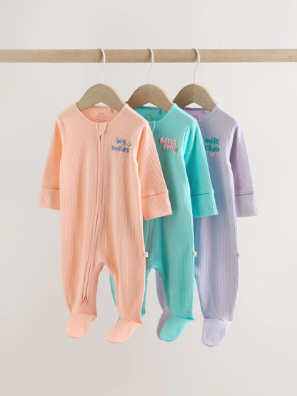 Coral/Purple Two Way Zip Baby Sleepsuits 3 Pack (0mths-2yrs)