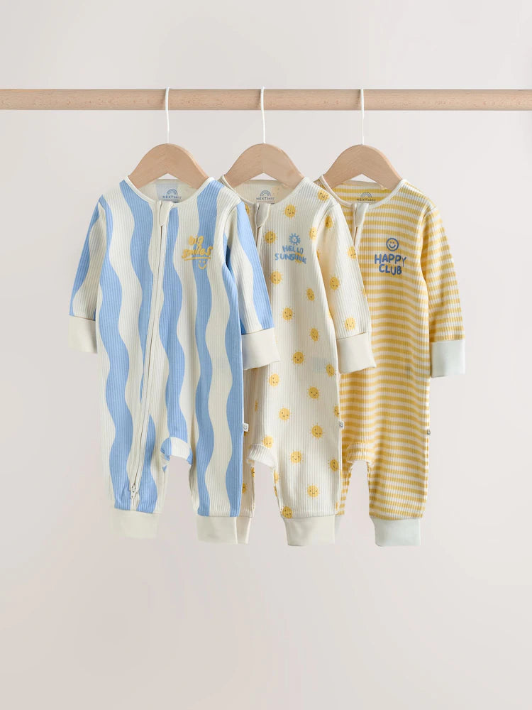 Yellow/Blue Sunshine Two Way Zip Baby Sleepsuits 3 Pack (0mths-3yrs)