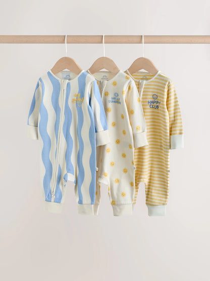Yellow/Blue Sunshine Two Way Zip Baby Sleepsuits 3 Pack (0mths-3yrs)