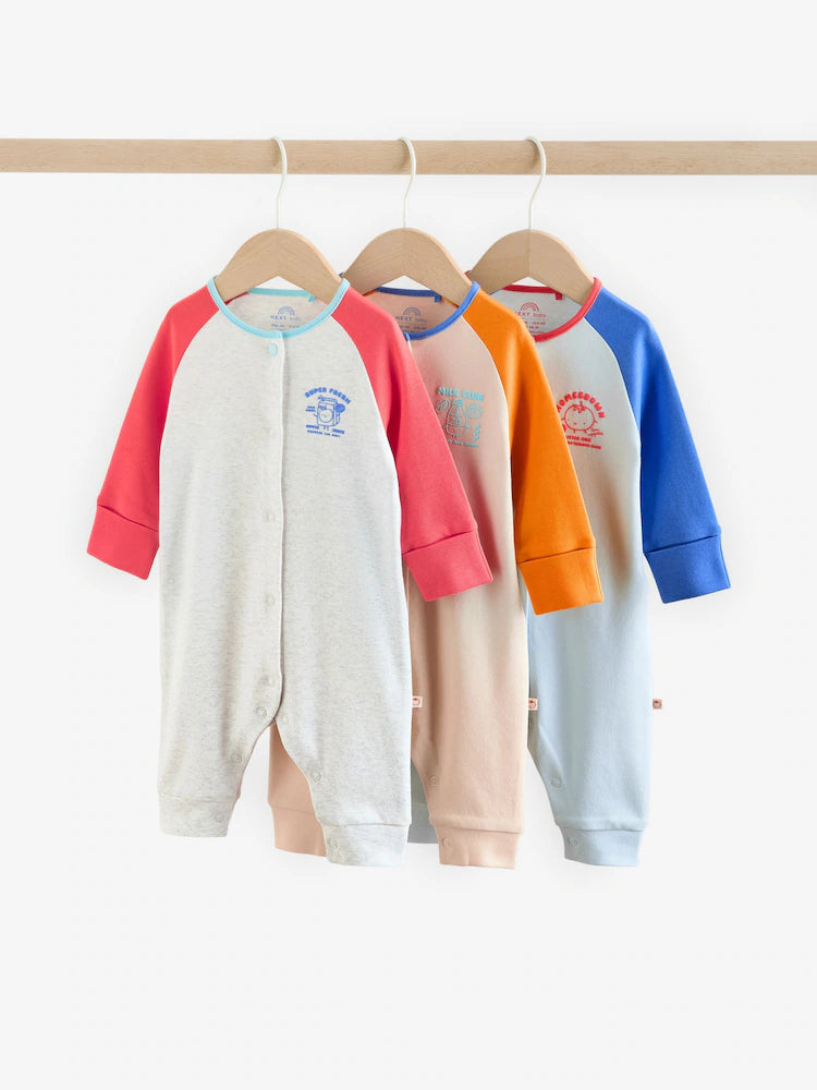 Multi Raglan Baby Sleepsuits 3 Pack (0mths-3yrs)