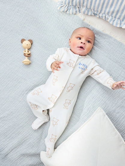 Blue/Ecru Bear Baby Sleepsuits 3 Pack (0-2yrs)