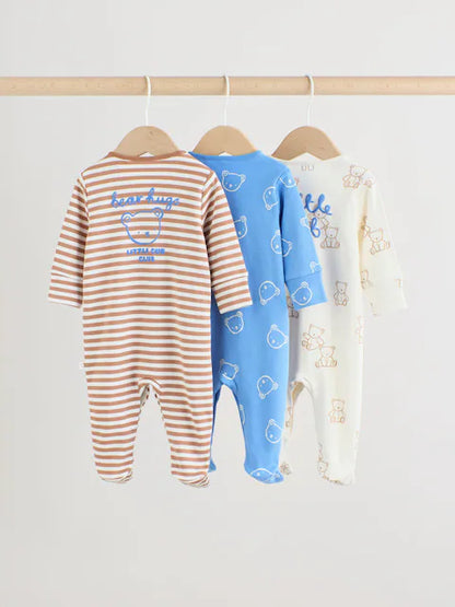 Blue/Ecru Bear Baby Sleepsuits 3 Pack (0-2yrs)