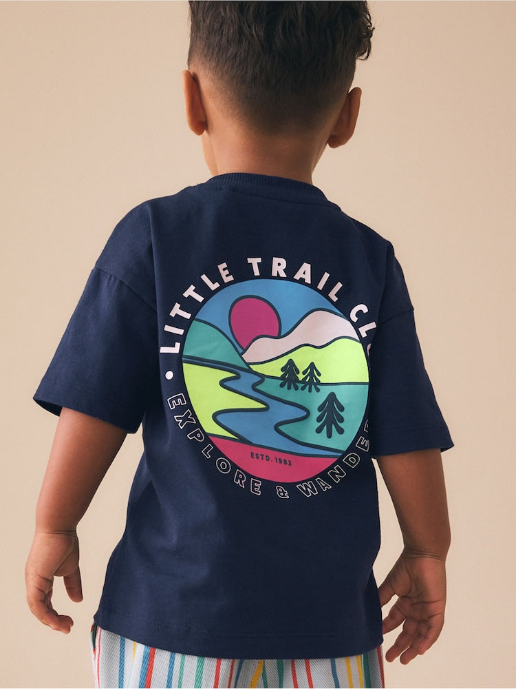 Navy Blue Trail Scene Short Sleeve Back Print T-Shirt (3mths-7yrs) - Navy Blue Trail Scene / 12-18 Months (80-86cm)